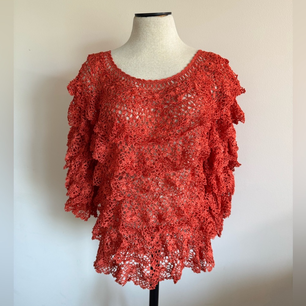 BOSTON PROPER Dark Orange Crochet Blouse Floral Crocheted Long Sleeve Top M/L
